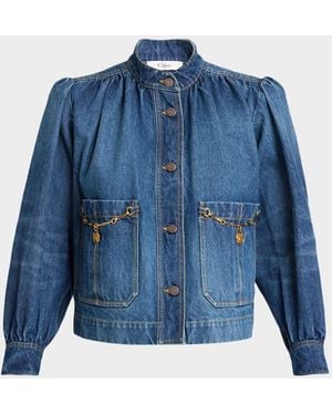 Chloé Horse-Pendant Gathered Denim Jacket - Blue