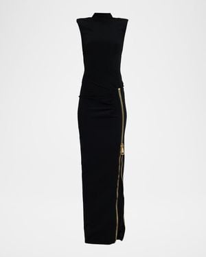 Balmain Mock-Neck Zip Slit Sleeveless Gown - Black