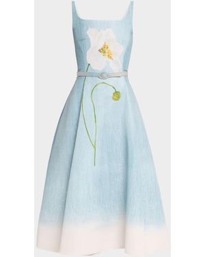 Oscar de la Renta Sleeveless Scoop-Neck Peony Faille Midi Day Dress - Blue