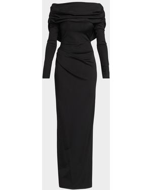 Lela Rose Off-The-Shoulder Satin Jersey Draped Backless Gown - Black