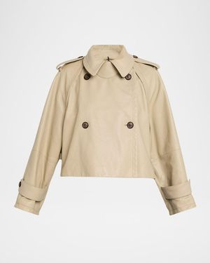 Giorgio Armani Leather Double-Breasted Boxy Trench Jacket - Natural