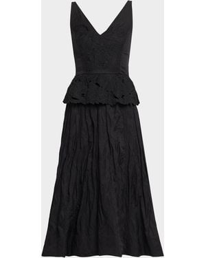 Jason Wu Sleeveless Floral Embroidered Peplum Midi Dress - Black