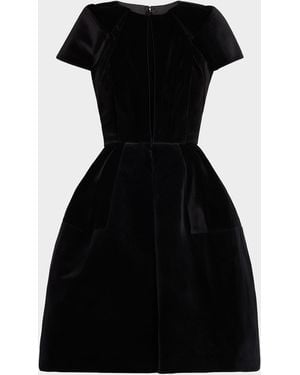 Dice Kayek Pleated Velvet Short-Sleeve Fit-&-Flare Dress - Black