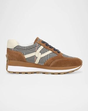 Veronica Beard Valentina Houndstooth Mixed Leather Retro Sneakers - White