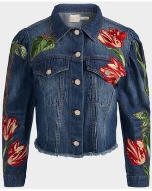 Alice + Olivia Elijah Floral Embroidered Denim Jacket - Blue