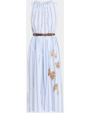 Dice Kayek Butterfly Embroidered Striped Cotton Midi Dress - Blue