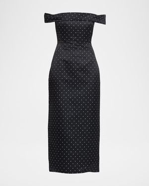 Lela Rose Polka-Dot Jacquard Off-The-Shoulder Midi Dress - Black