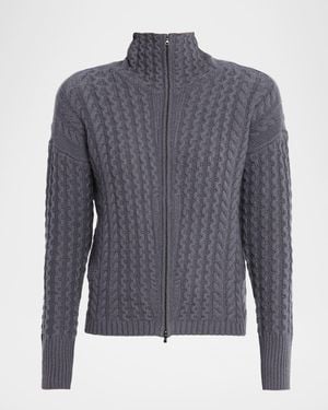TSE Cashmere Zip-Front Cable Bomber Jacket - Blue
