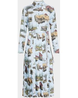 Thom Browne Scenic Toile Silk Twill Pleated Midi Shirtdress With Belt - Blue