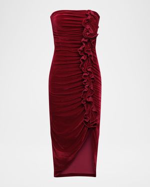 BCBGMAXAZRIA Strapless Velvet Ruffle Midi Dress - Red