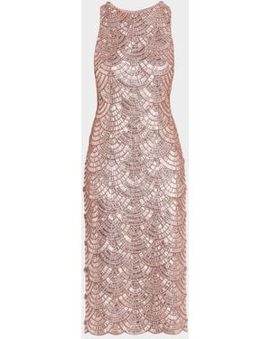 Aidan Mattox Scalloped Bead & Crystal Midi Sheath Dress - Pink