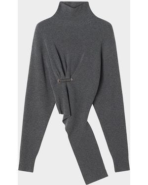 Lanvin Asymmetric Safety-Pin Gathered Cashmere Turtleneck Sweater - Gray