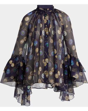 Etro Nautical-Print Silk Chiffon Ruffled Button-Down Shirt - Blue
