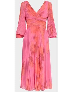Teri Jon Pleated Abstract-Print Chiffon Midi Dress - Pink