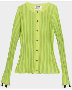 Christopher John Rogers Pleated Knit Crewneck Cardigan - Green