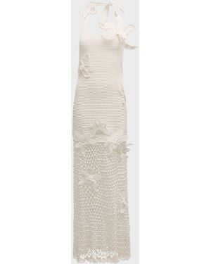 Oscar de la Renta Orchid Crochet Maxi Halter Dress - White
