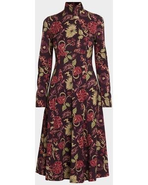 Tanya Taylor Thea Floral Turtleneck Midi Dress - Red