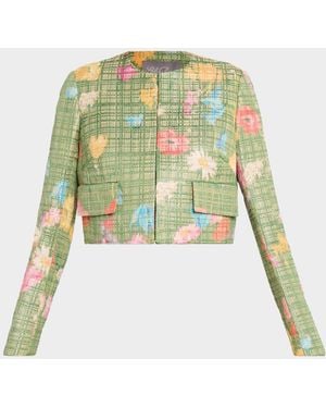 Lela Rose Floral Raffia Crop Jacket - Green