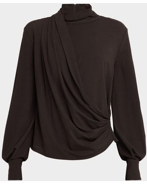 Brunello Cucinelli Turtleneck Draped Long-Sleeve Blouse - Black