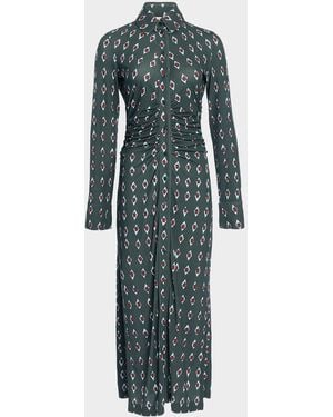 Altuzarra Claudia Diamond-Print Long-Sleeve Ruched Midi Shirtdress - Blue