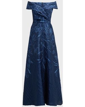 Teri Jon Off-Shoulder Metallic Jacquard Gown - Blue