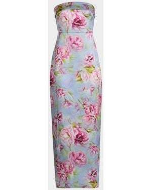 THEIA Cleo Strapless Floral-Print Mikado Column Gown - White