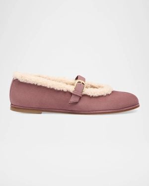 Stuart Weitzman Sai Shearling-Lined Suede Mary Jane Ballerina Flats - Pink