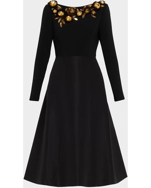 Carolina Herrera 3D Floral Embellished Long-Sleeve Midi Dress - Black
