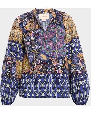 Figue Mae Multi-Print Long-Sleeve Peasant Top - Blue