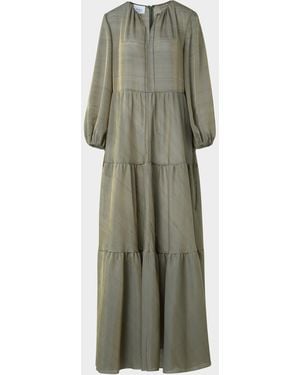 Akris Punto Long-Sleeve Tiered Silk Batiste A-Line Maxi Dress - Green
