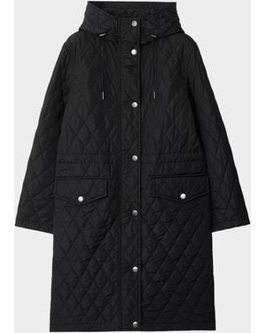 Burberry Hillgate Quilted Long Hooded Jacket - Black