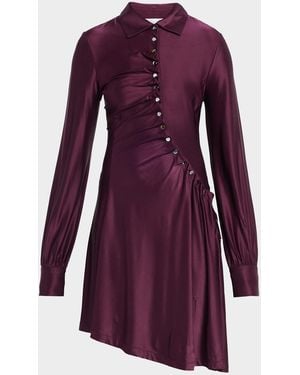 Rabanne Asymmetric Gathered Button Long-Sleeve Shirtdress - Purple