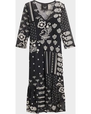 Johnny Was Wynona Patchwork Embroidered Midi Dress - Black