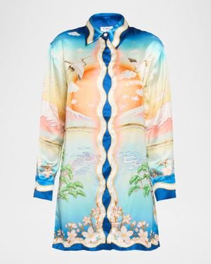 CASABLANCA Printed Satin Long-Sleeve Mini Shirtdress - Blue