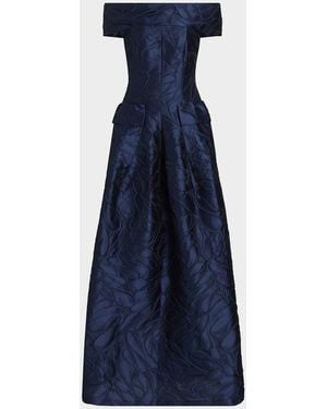 Talbot Runhof Off-The-Shoulder Textured Jacquard Gown - Blue