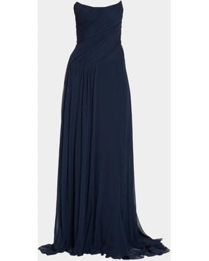 Monique Lhuillier Strapless Draped Silk Chiffon A-Line Gown - Blue