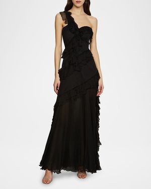 AMUR Harlow Asymmetric Crinkle Chiffon Gown - Black