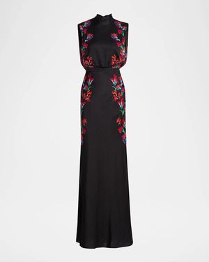 Saloni Fleur Printed High-Neck Dress - Blue