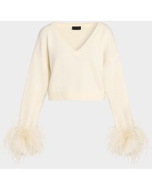 LAPOINTE Merino Wool V-Neck Crop Sweater With Feather Cuffs - White