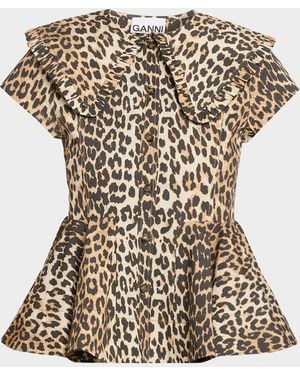 Ganni Leopard-Print Stretch-Cotton Peplum Top - Metallic