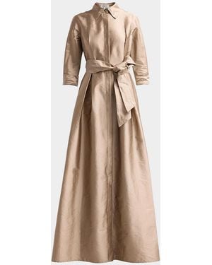 Teri Jon 3/4-Sleeve Taffeta Shirtdress Gown - Natural