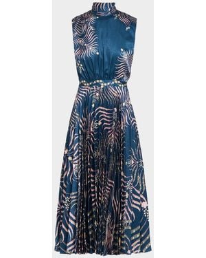 Saloni Fleur Pleated Satin Sleeveless Midi Dress - Blue