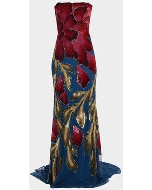 THEIA Marie Strapless Beaded Floral Gown - Blue