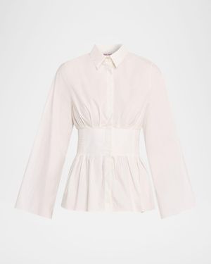 Rosie Assoulin Boogie Woogie Bugle Boy Button-Down Peplum Shirt - Natural