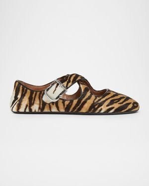 Alaïa Crisscross Tiger Calf Hair Ballerina Flats - Brown