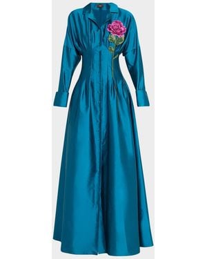 THEIA Marlena Pleated Floral-Embroidered Taffeta Gown - Blue