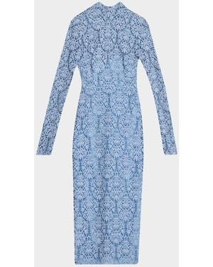 Lela Rose Chenille Lace Long-Sleeve Midi Dress - Blue