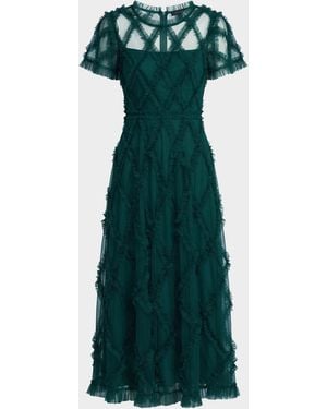 Mac Duggal Ruffled Diamond-Quilted Mesh Gown - Green