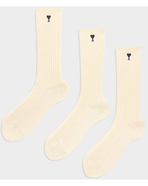 Ami Paris Apos;S Quota Embroidered Three-Pack Ribbed Crew Socks - Natural