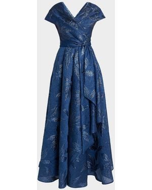 Talbot Runhof Draped Metallic Peony Jacquard Cap-Sleeve Gown - Blue